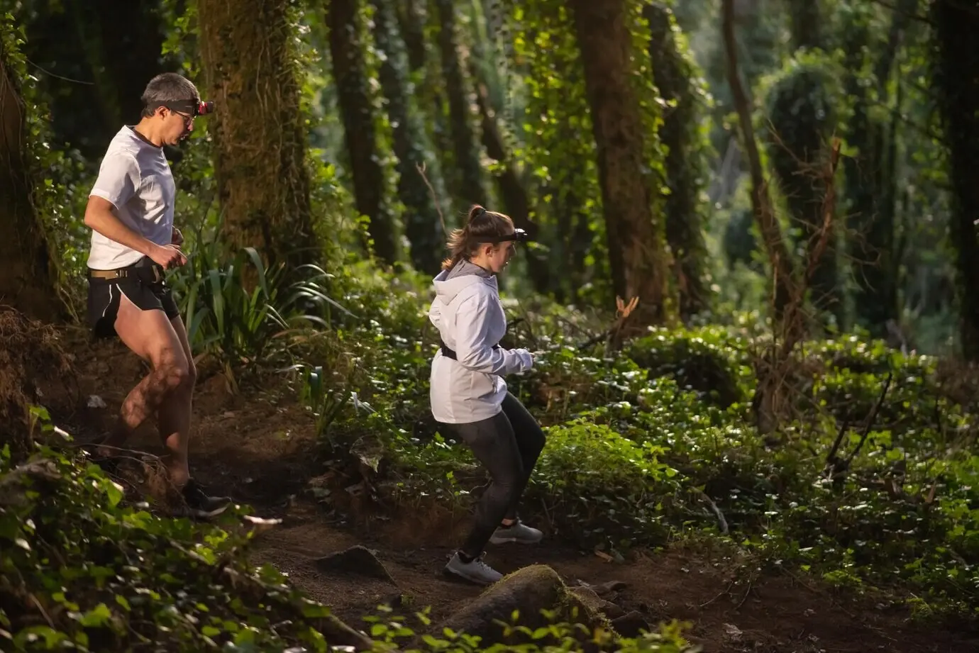 Seitliche Ansicht eines aktiven Mannes und einer aktiven Frau, die nachts durch den Wald gehen. Zwei sportliche Personen in Sportkleidung verbringen Zeit im Freien. Konzept: Freizeit, Natur, Hobby.